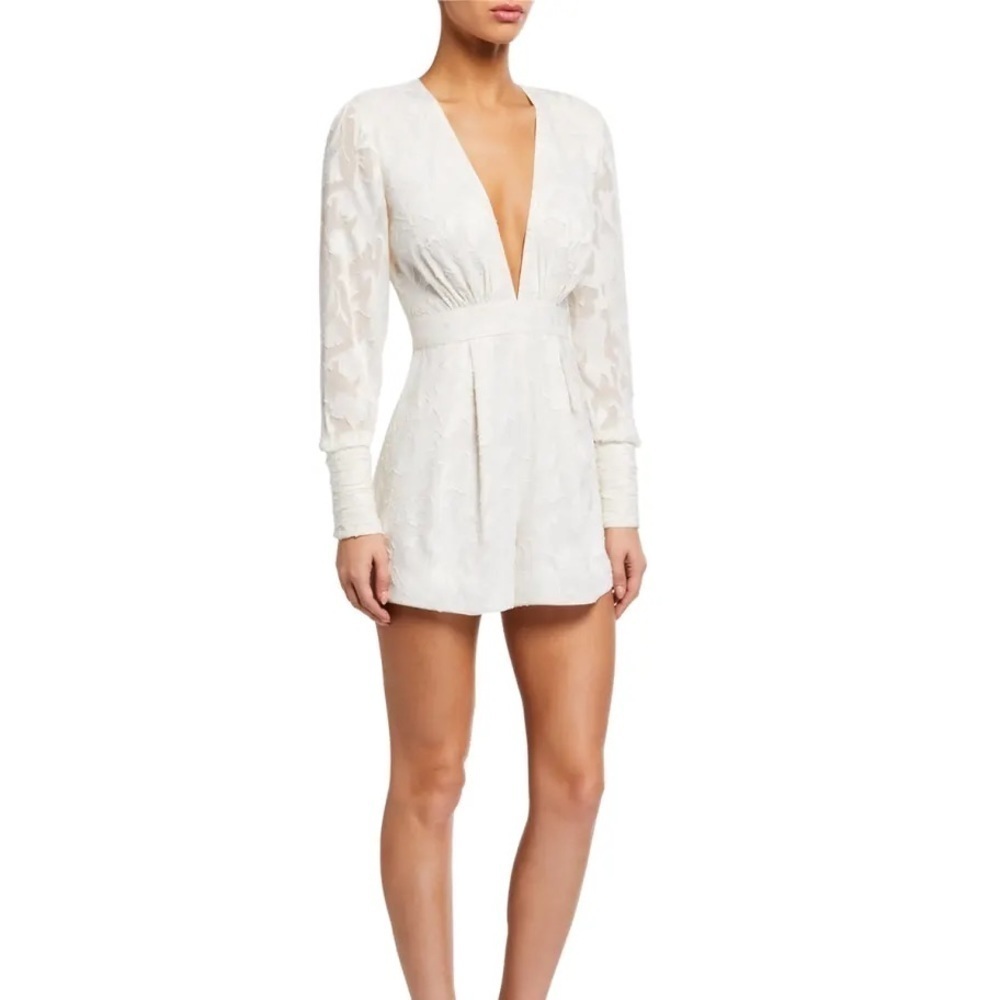 ALEXIS / Theda Plunge V-neck floral Long Sleeve Romper in ivory cream XS